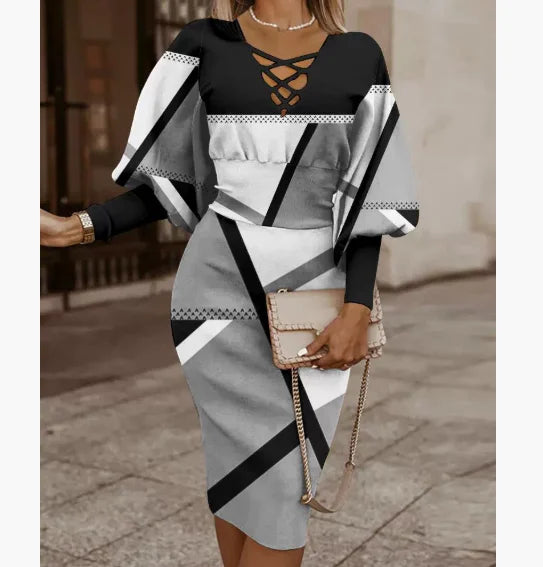 Elegant Women's Maze Printed Long Sleeved Slim Fit Dress 2024 Fashionable Woman Hollowed Out V-neck Cinched Party Club Vestiods