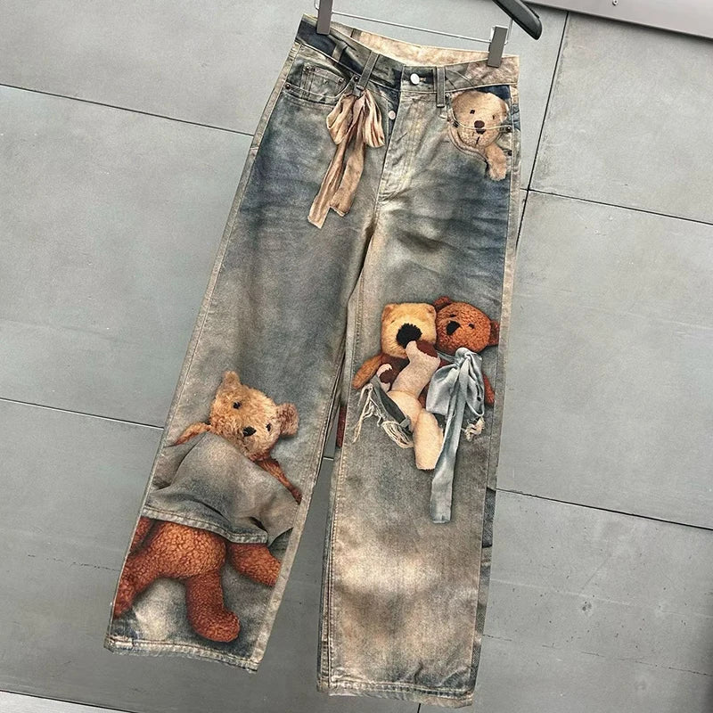 KUCLUT 2025 Autumn Winter Fashion Niche Design Print Contrast Color Loose Jeans For Women Straight Wide-leg Denim Pant 1A1517