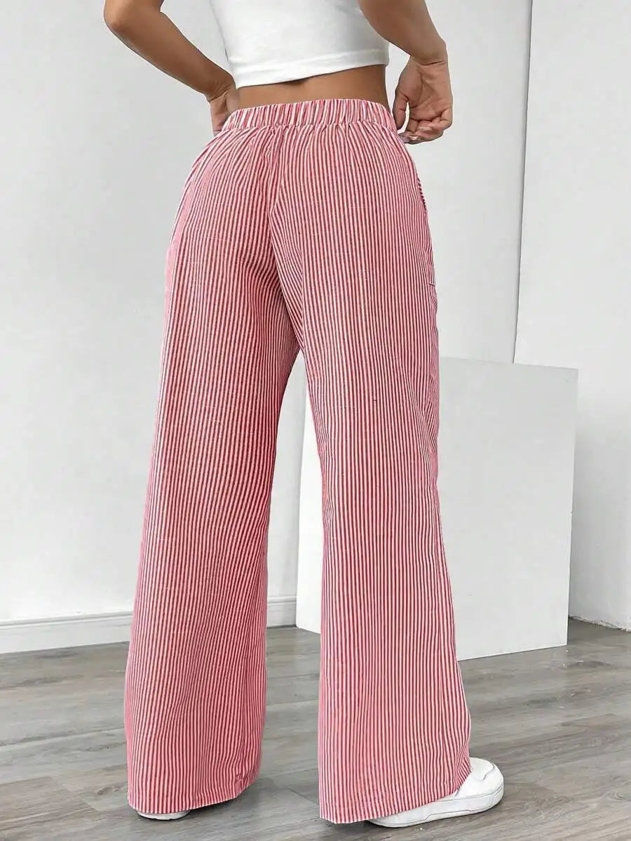 Ladies' Striped Elastic Waist Straight Leg Trousers With Pockets Summer Casual Long Pants Soft Breathable Wide Leg Trousers