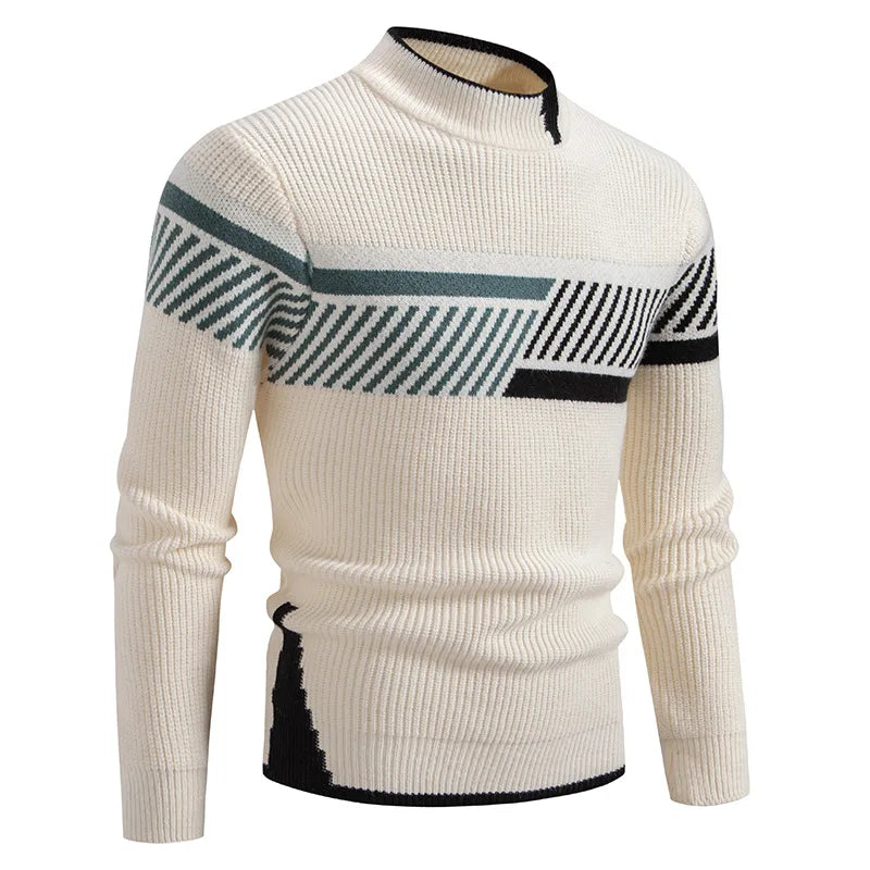High Quality Men's New Autumn Winter Sweaters Casual Warm Mock Neck Pullovers Trend Color Blocking Design Men Sweaters Knit Tops
