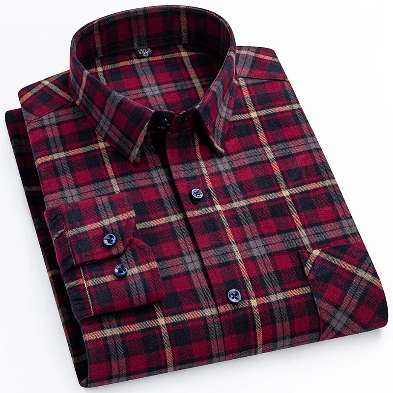Men's Winter Chic Long Sleeve Shirt Cotton Flannel Plaid Button-Up Comfortable Warm Top for Business Casual Dress Shirts New