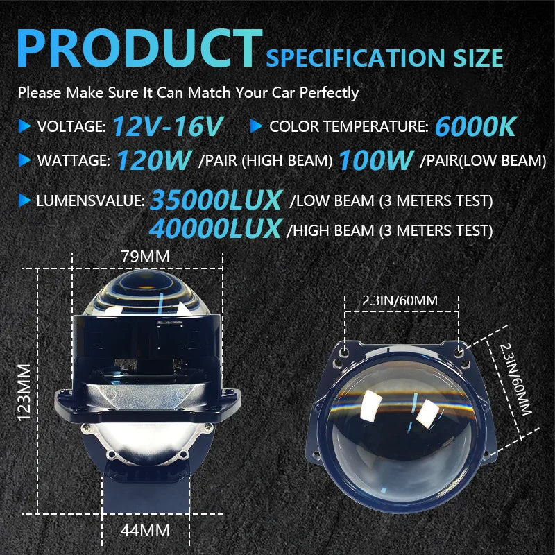 Carolyn2PCS 3 Inch Bi LED Projector Headlights Lenses for Hella LED Lights Projector 120W 40000LM Diode Headlamp Car Accessories