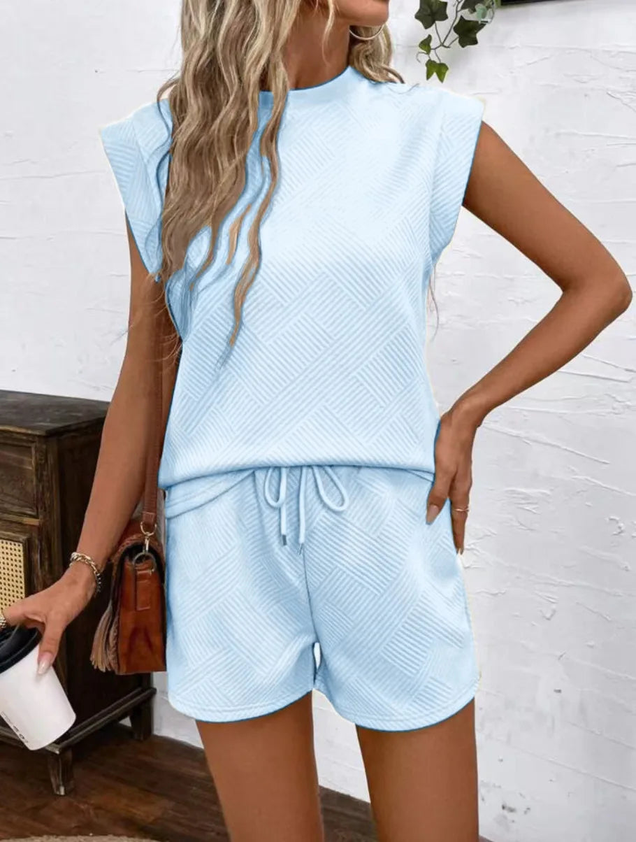Women Shorts Pant Set Two Piece Sets Round Neck Solid Casual Loose Tops Short Pants Lace Up Elastic Waist Y2k Streetwear 2026
