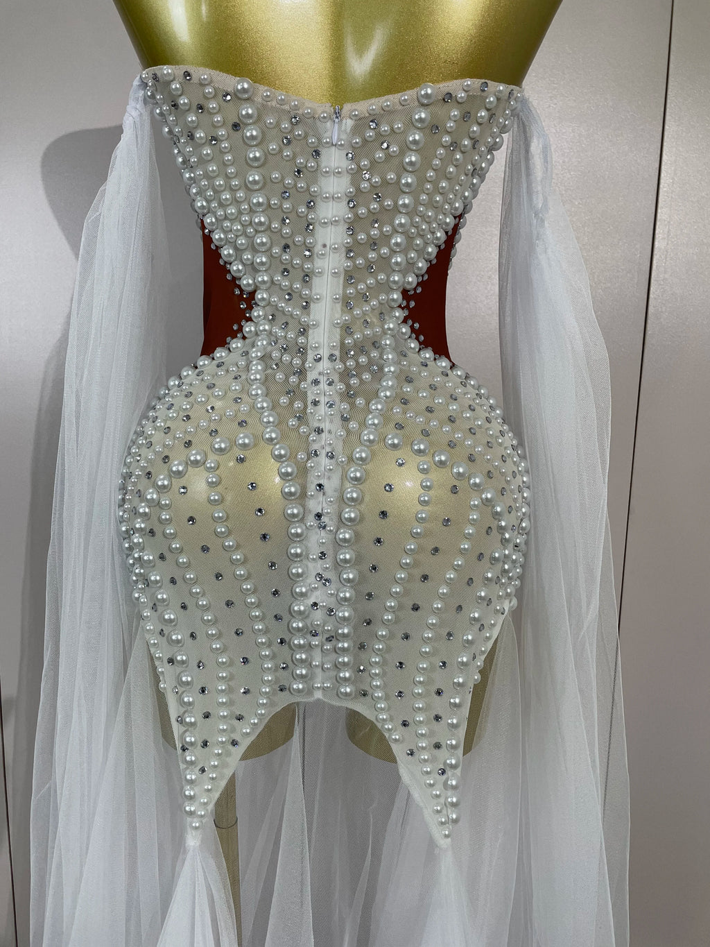 Elegant Sparkly Rhinestone White Pearl Sexy Strapless Mesh Long Dress Wedding Guest Gowns Luxury Birthday Evening Party Dress