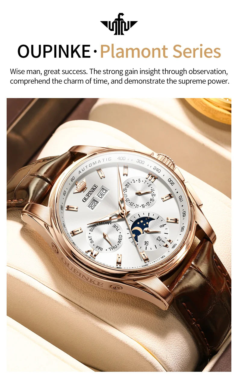 OUPINKE Top Men's Automatic Mechanical Wrist Watch Leather Strap Luxury Business Multi functional Lunar Phase Dial Reloj Hombre