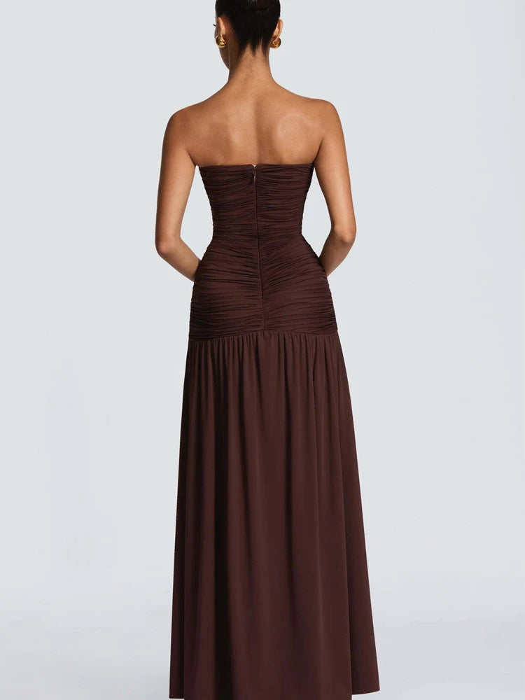 Women Elegant Deep V-neck Pleated Strapless Dress Chic Off-shoulder Backless Split Maxi Dresses 2026 Lady Evening Party Vestidos