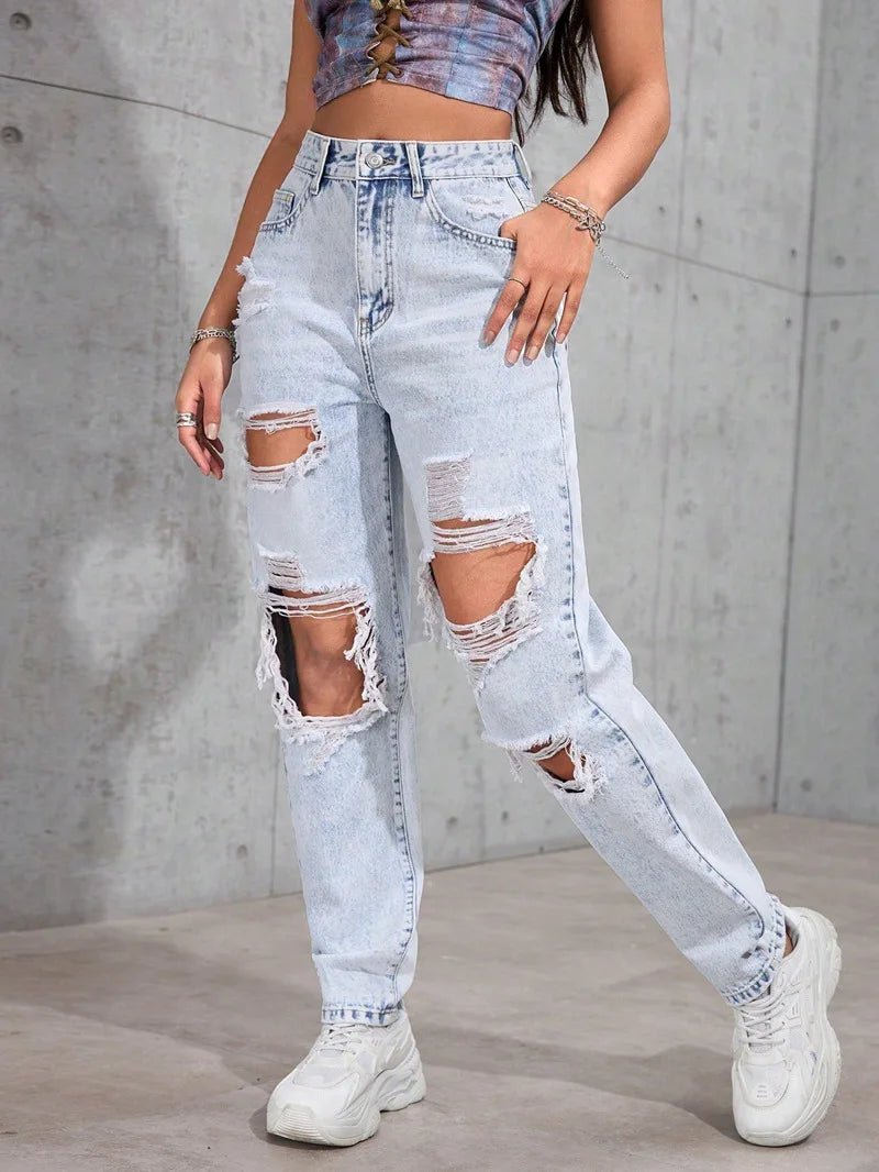 Women's High Waist Ripped Denim Jeans with Distressed Knee Holes and Straight Leg Fit for Casual Streetwear Fashion
