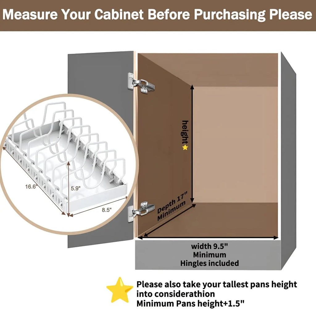 Pull-out pot rack organizer with adjustable shelves, space-saving kitchen cabinet storage
