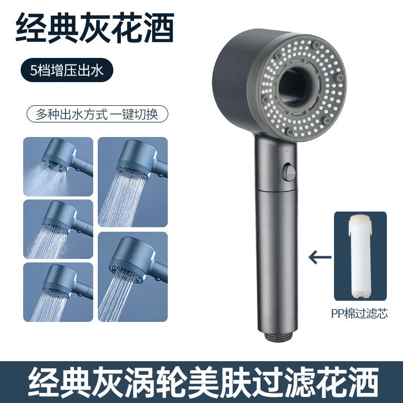 5 Modes Pressurized Shower Head with Mineral Ball Filter High Pressure Spray Nozzles Stop Button Showerhead Bathroom Accessories