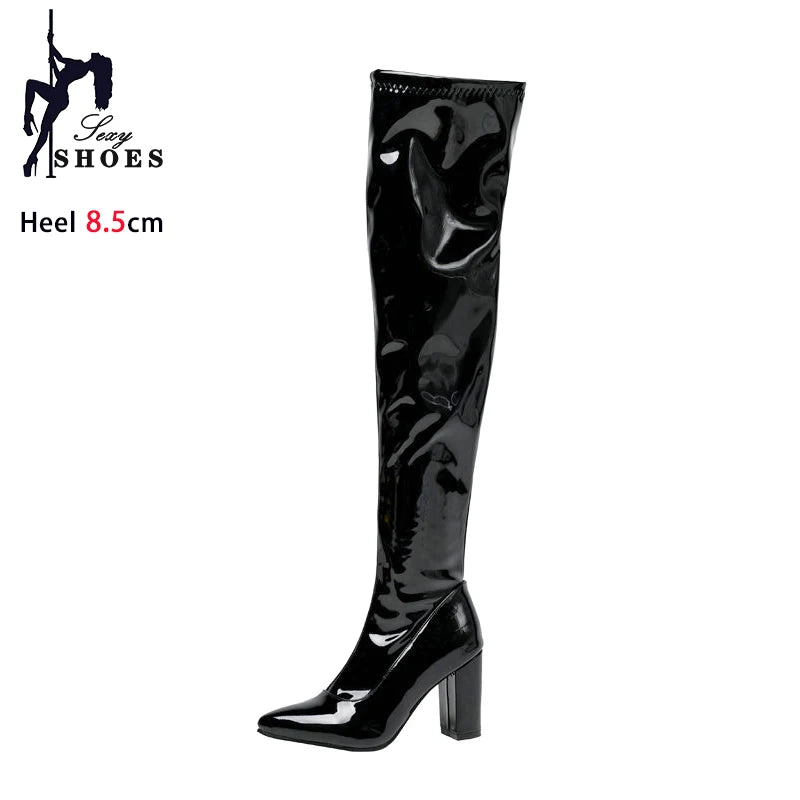 New Red Thigh High Women Boots Side Zip Pointed Toe Winter Shoes Elastic Patent Leather Over-the-Knee Boots Plus Size 44 45 46