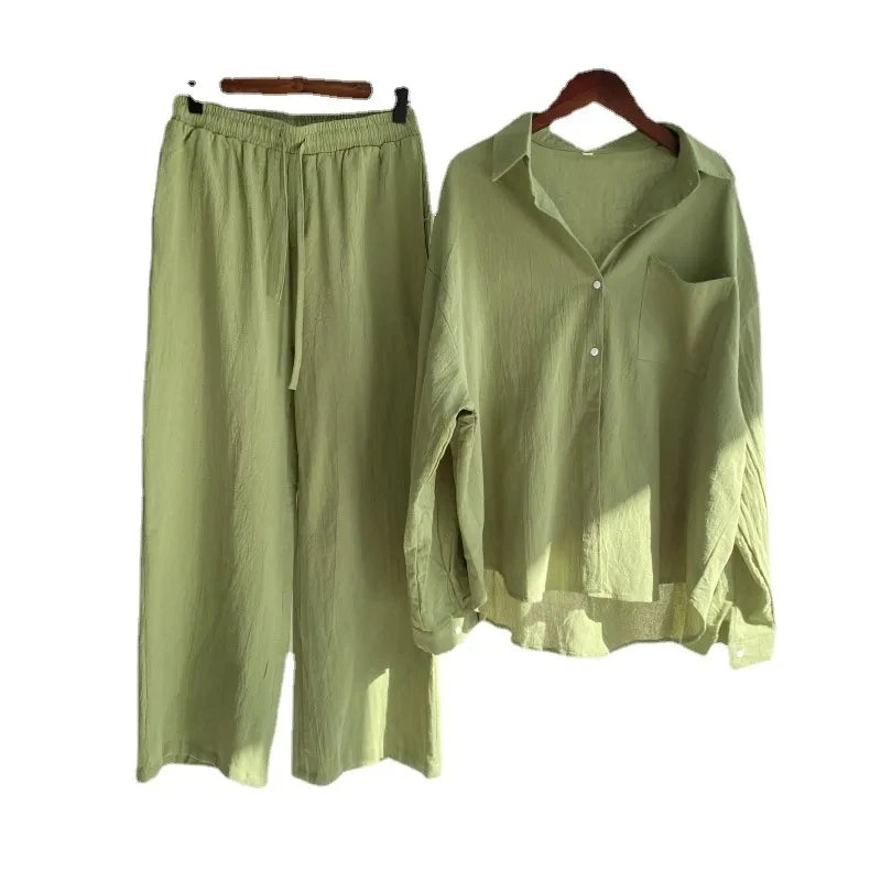 Women's 2-piece set 2026 Spring Autumn New Long sleeved Cotton linen Shirt top+High waisted loose Pants Comfortable Casual Sets