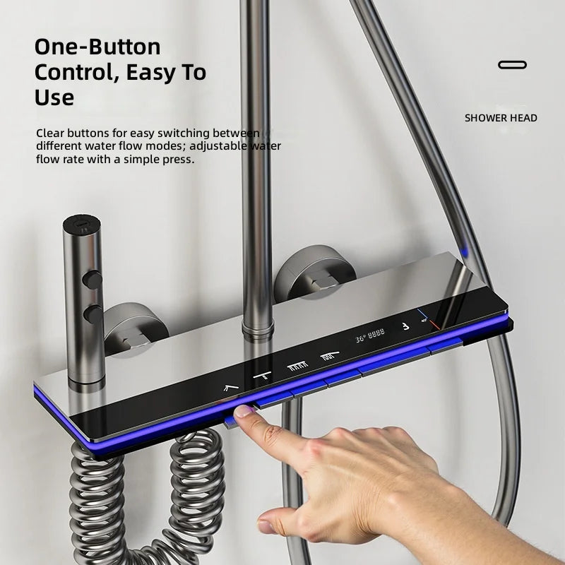 Shower Set, Thermostatic LED Display, Piano Key Pressurized Nozzle, Bathroom Home Decor, Water Saving Faucet System