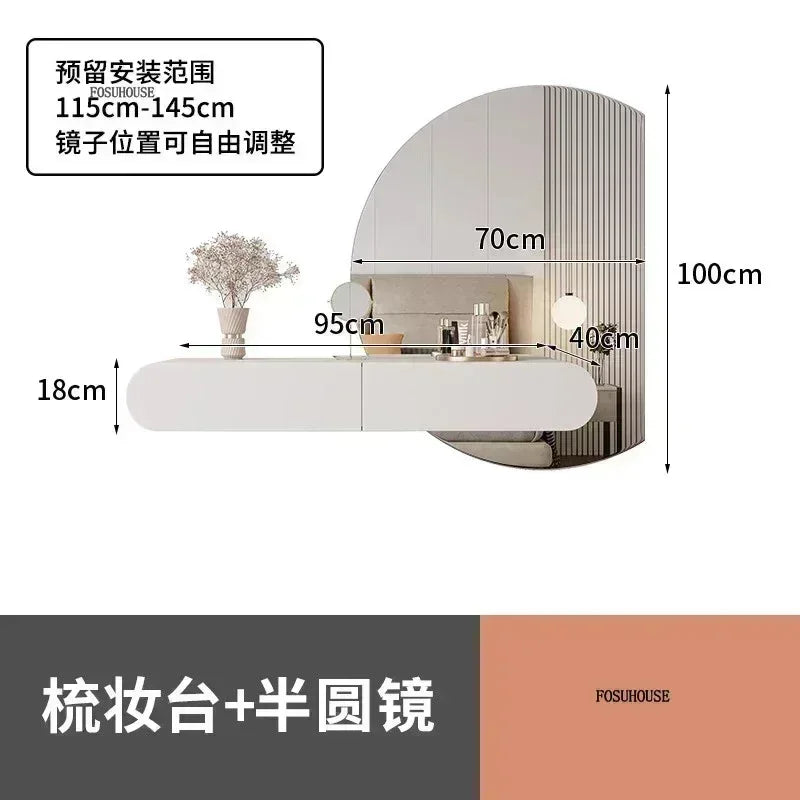Cream Minimalist Wall Mounted Dressing Table with Mirror for Bedroom Furniture Suspended Vanity Set for Modern Home Decor