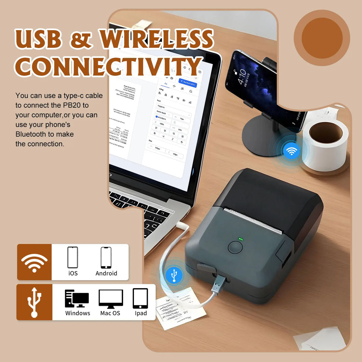 Compact Wireless Thermal Printer, Bluetooth Label Maker, Inkless Printing, Auto Paper Detection for iOS & Android Devices