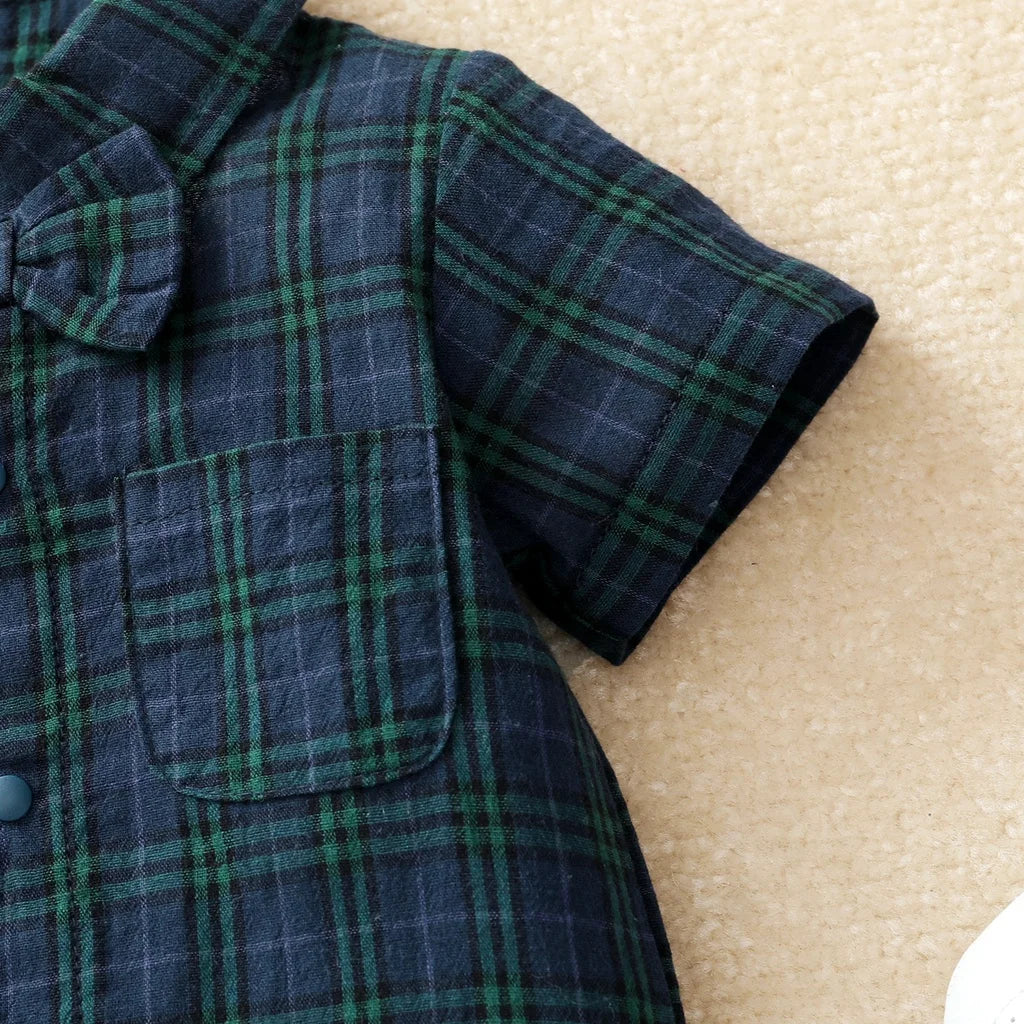 Baby Boy Jumpsuit Lapel Bow Checkered Short Sleeve Little Gentleman Jumpsuit for 0-18 Months Baby Boy Summer Fashion Clothing