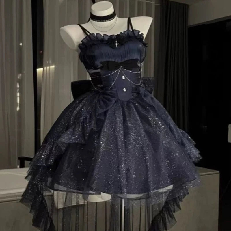 France Vintage Gothic Lolita Dress Set Women Harajuku Y2k Bow Ruffles Party Dress Female Elegant Korean Popular Clothes Summer