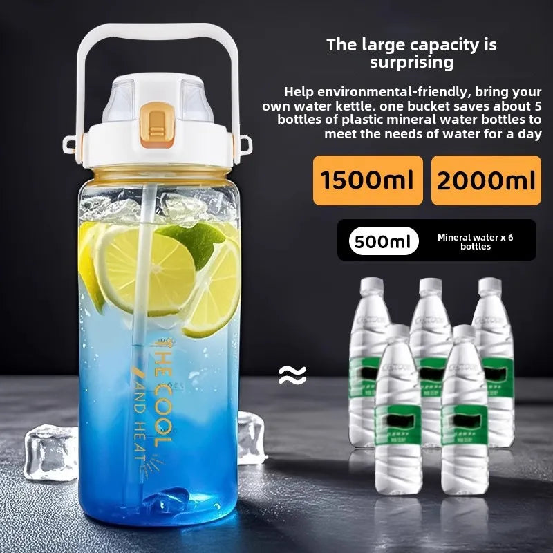 1.5/2 Liter Water Bottle Portable Plastic Sports Bottle With Straw Strap Large Tumbler Gym Travel Juice Drinking Bottle BPA Free