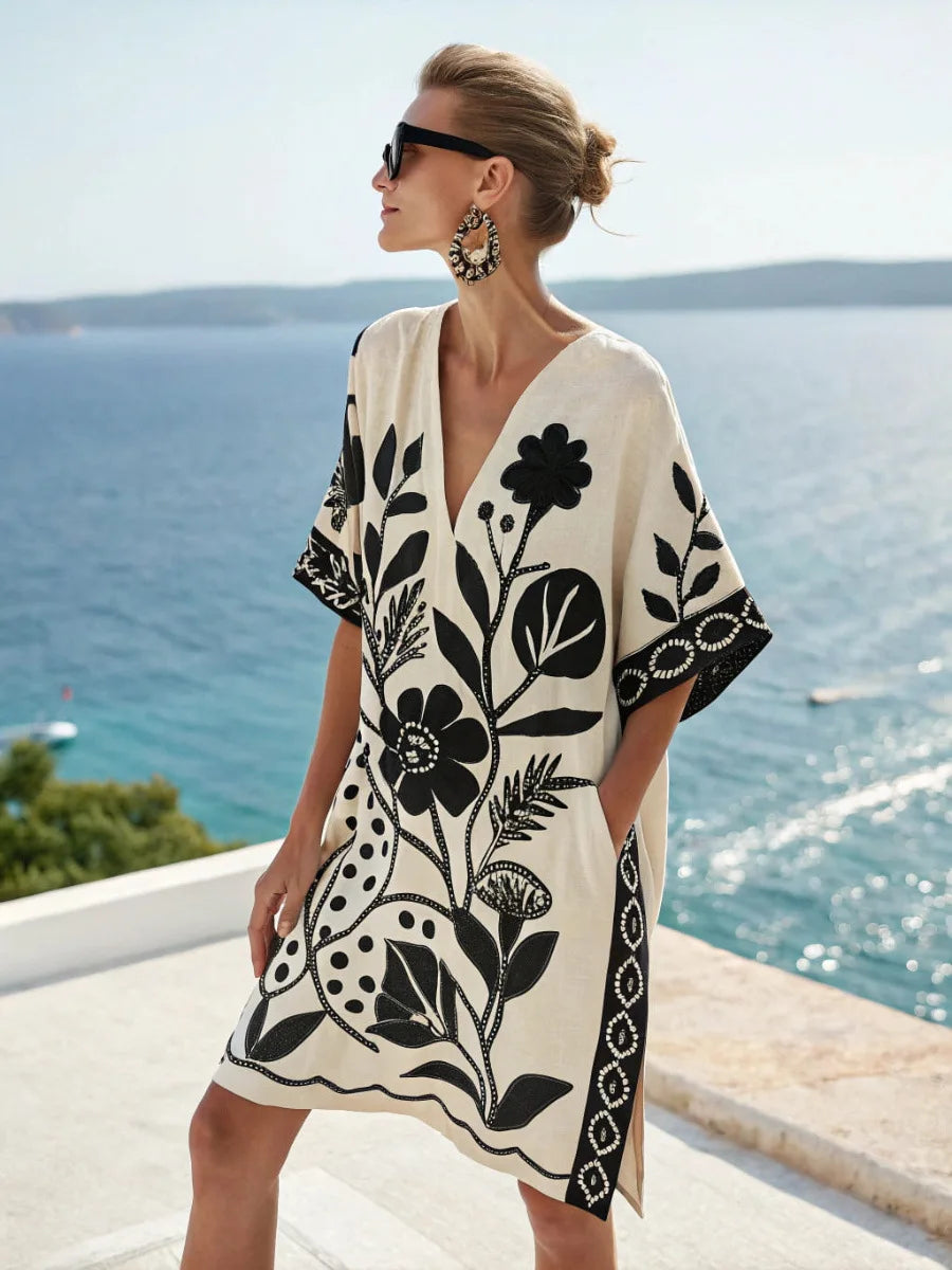 Fashion Retro Printed Short-sleeved Loose Women's Dress New Summer Style Deep V Neck Casual Seaside Vacation Female Dresses 2025