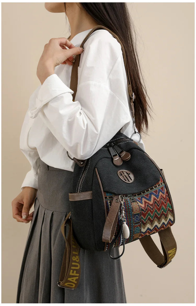 Denim ethnic style embroidered women's double shoulder bag, color-matched large capacity backpack, multi-purpose crossbody bag