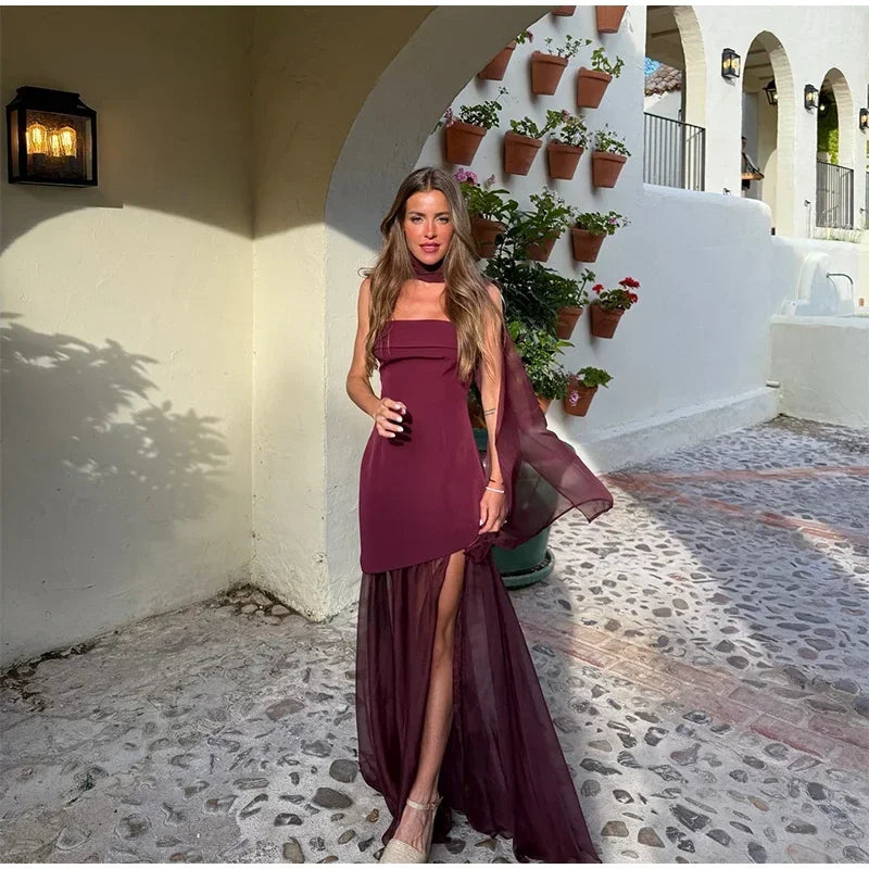 Boho Chic Elegant Mesh Patchwork Sling Dress Sexy Loose Sleeveless Split Scarf Long Dress Female 2026 New Party Evening Dresses