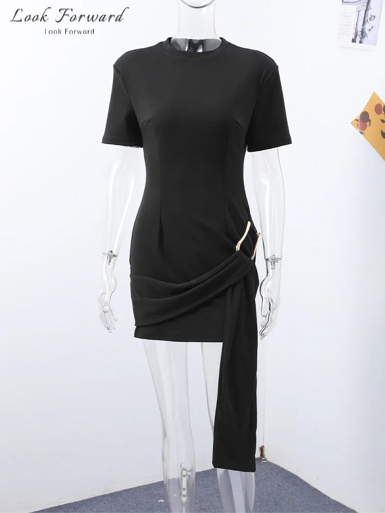 Elegant Mini Dress Woman Ribbons Slim O-neck Short Sleeve Above Knee Dresses Female Spring Summer Party Robe Lady High Street
