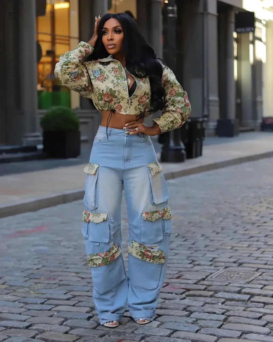 Washed Jeans Women's Set Full Sleeve Floral Jacket and Pockets Cargo Jeans Pants Suit 2025 Street Two 2 Piece Set Outfit