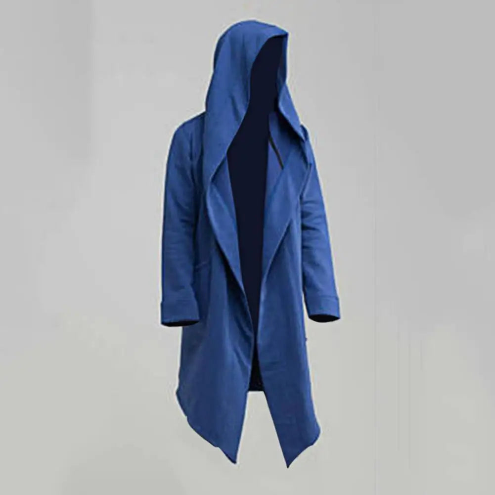 Oversize Men Coat Long Turn-down Collar Big Hat Cardigan Trench Coat Hooded Oblique Hem Big Pockets Men Windbreaker Outwear