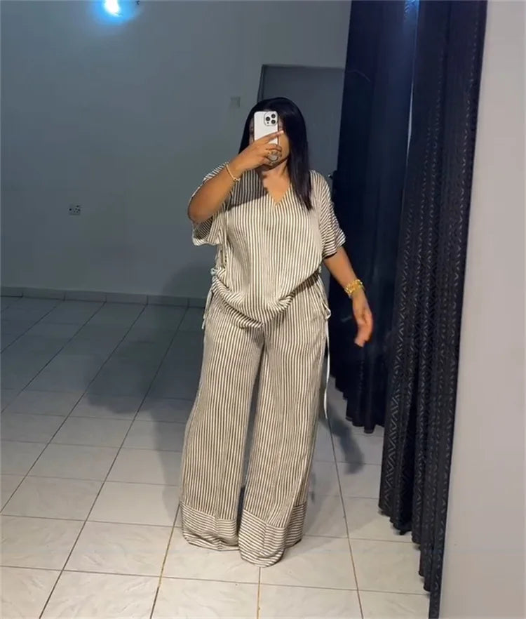Pant Set Women Two Piece Sets V Neck Short Sleeve Drawstring Shirt Striped Wide Leg Long Pants Elastic Waist Y2k Streetwear 2026