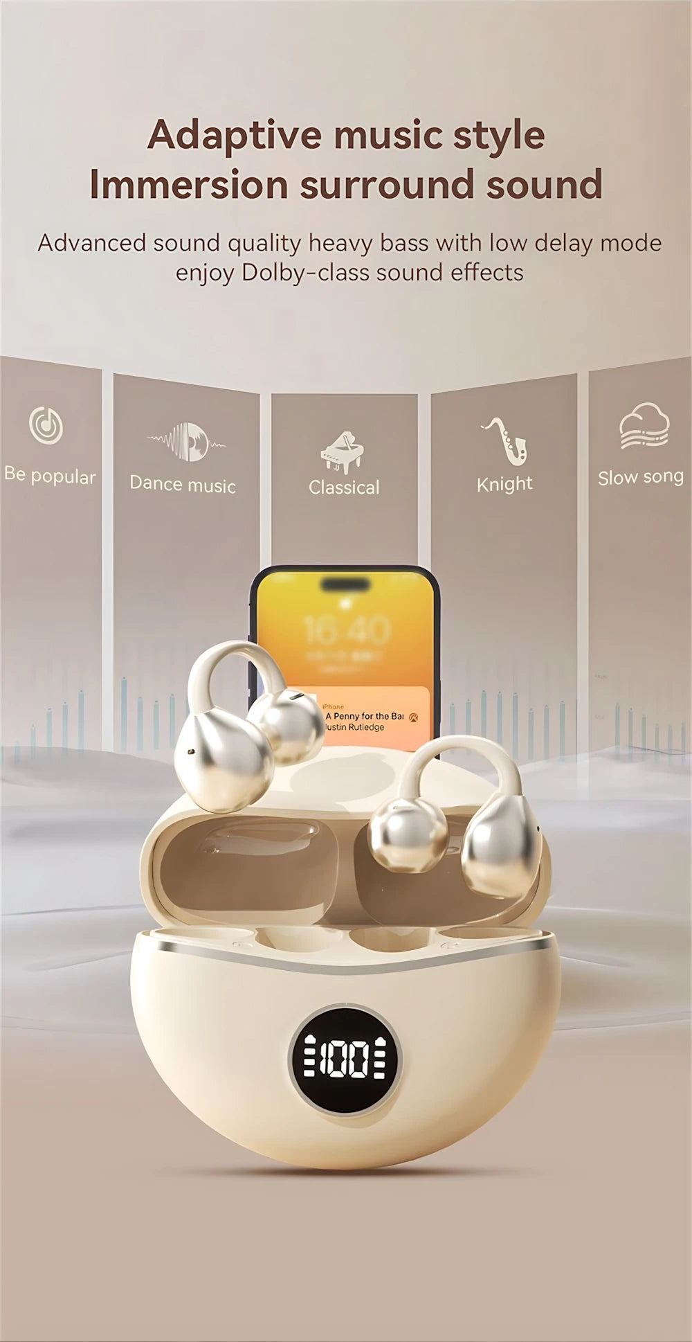 OWS Wireless Headphones Fone Bluetooth Headset With Mic Handsfree Noise Canceling Earphones Clip Ear Music Sports Gaming Earplug