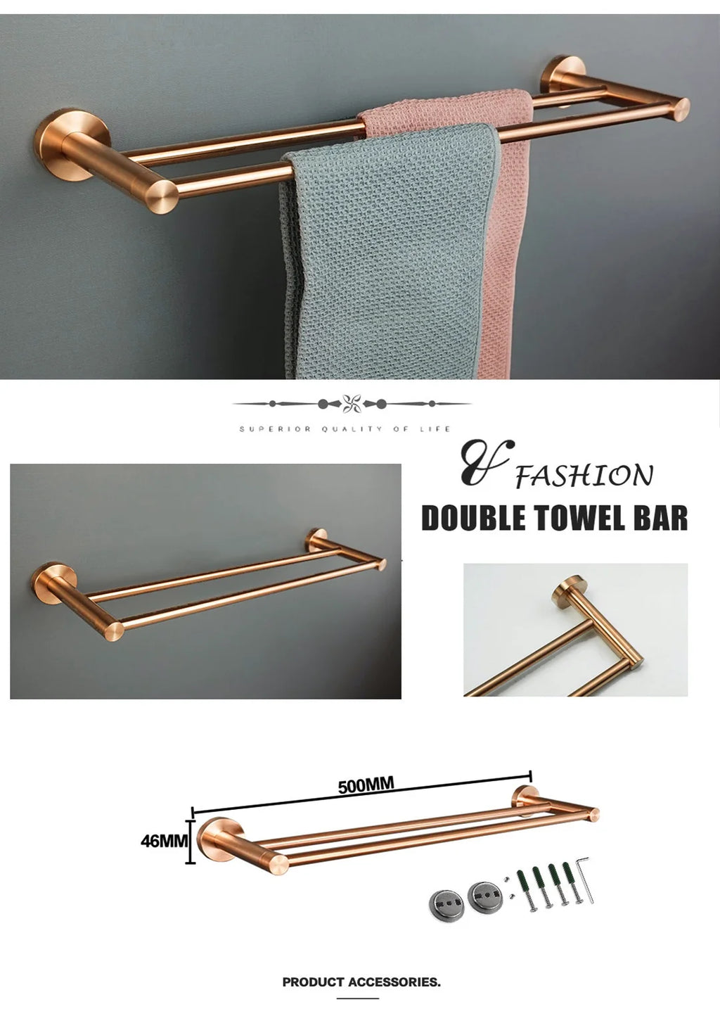 High-quality Brushed Rose Gold 304Stainless Steel Beautiful Wall Hook Toilet Paper Holder Towel Bar Bathroom Accessories