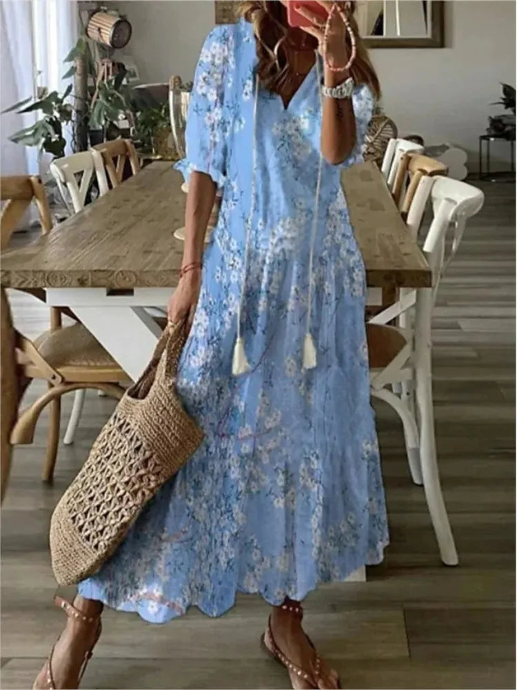 FALL Summer New 2026 Women's Casual Sweet Loose Sexy V-neck Drawstring Fashionable Printed Long Sleeved Boho Bohemian Dresses