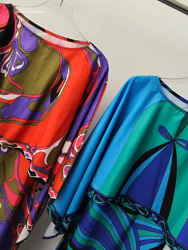 2026 Summer Women's Clothing Retro Geometric Print Loose Short Pullover Two-piece Set + Long Sexy Suspender Dress Fashion Suit