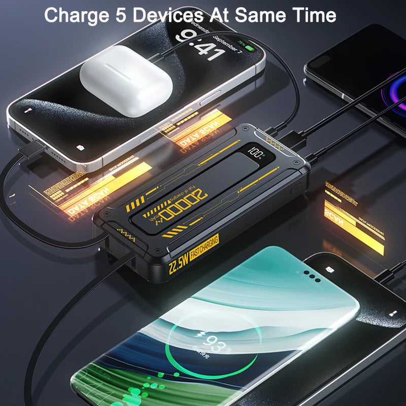 20000mAh Large Capacity Power Bank 22.5W Fast Charging Powerbank With Cables Digital Display Portable External Battery Charger