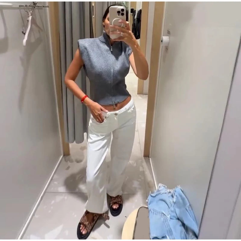 Women's Double Zipper Knit Vest Stand Collar Shoulder Pad Sleeveless Slim Cropped Sweater 2026 Autumn All-match Casual Outfits