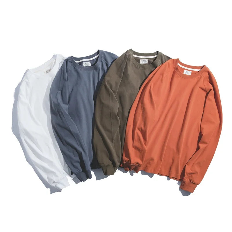 Maden 100% Cotton Loose Crew Neck Long Sleeve T-shirts Men's  230g Thin Breathable Tee Shirt Basic Solid Color Oversized Tops