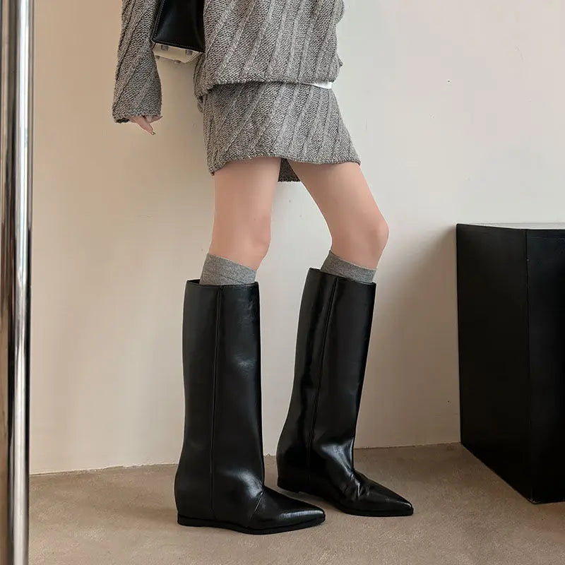 QUTAA 2025 News Women Knee High Boots Leather Wedge Heels Autumn Shoes Pointed Toe Woman Winter Party Lady Long Boots Size 34-40