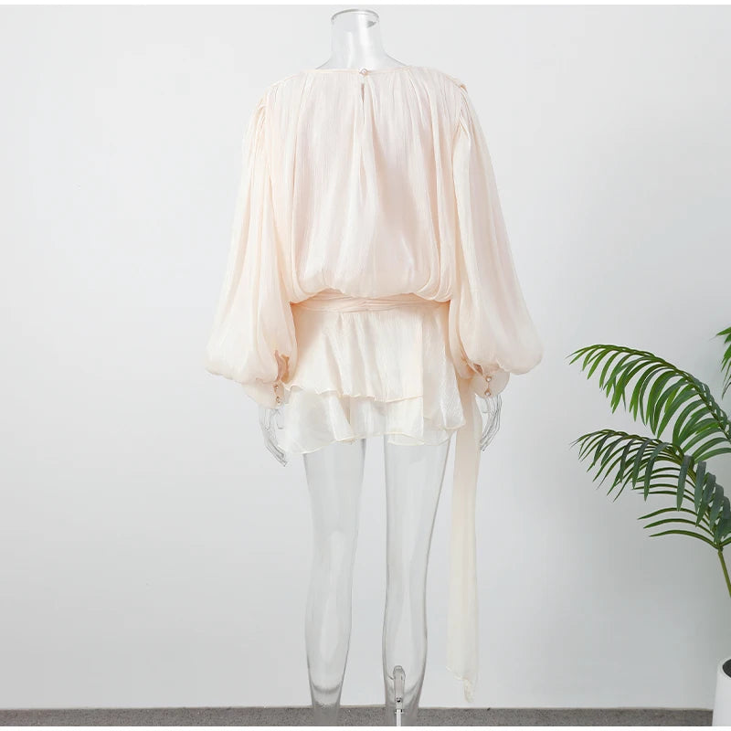 Elegant Shiny Pleated Mini Dress Women Lantern Sleeve Lace Up V Neck Vestidos 2026 Lady Spring New Evening Party Vacation Robes