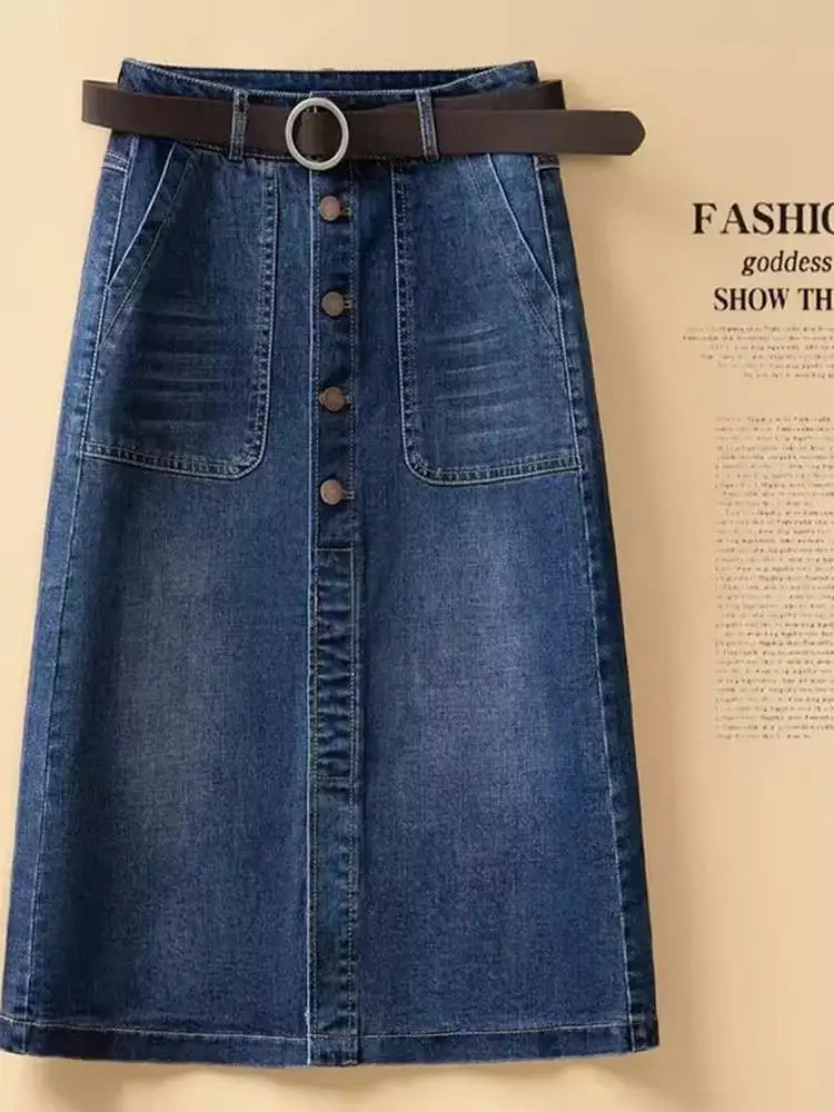 High Waist Washed Cotton Denim Skirt Mid-Length A-Line Women's Skirt Spring Summer New Style Casual Pure Color Button Design