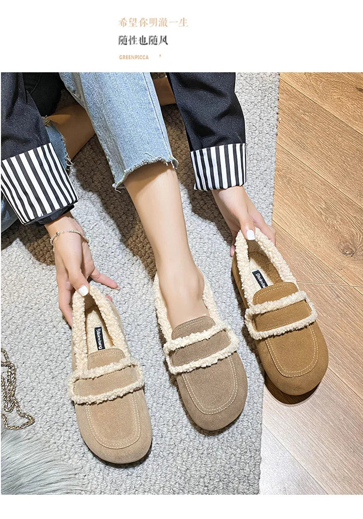 2026 Faux Suede Flats Women Lambswool Loafers Winter Warm Cotton Shoes Ladies Platform Fleeces Mocasines Female Sheep Fur Boots