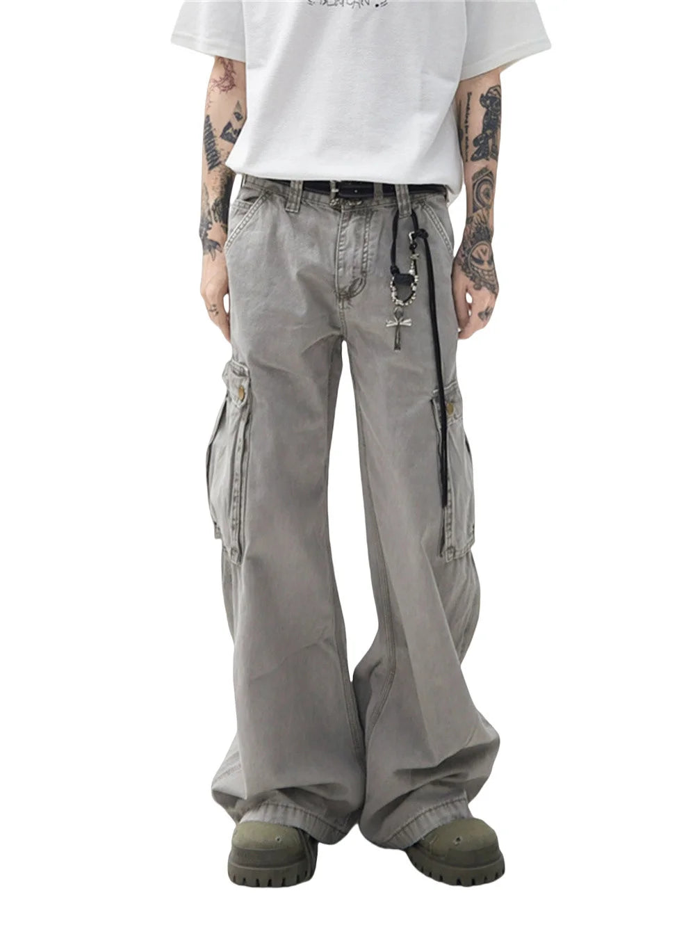 Multi-Pocket Cargo Jeans Mens Retro High Street Washed Distressed Straight Wide Leg Trousers Men