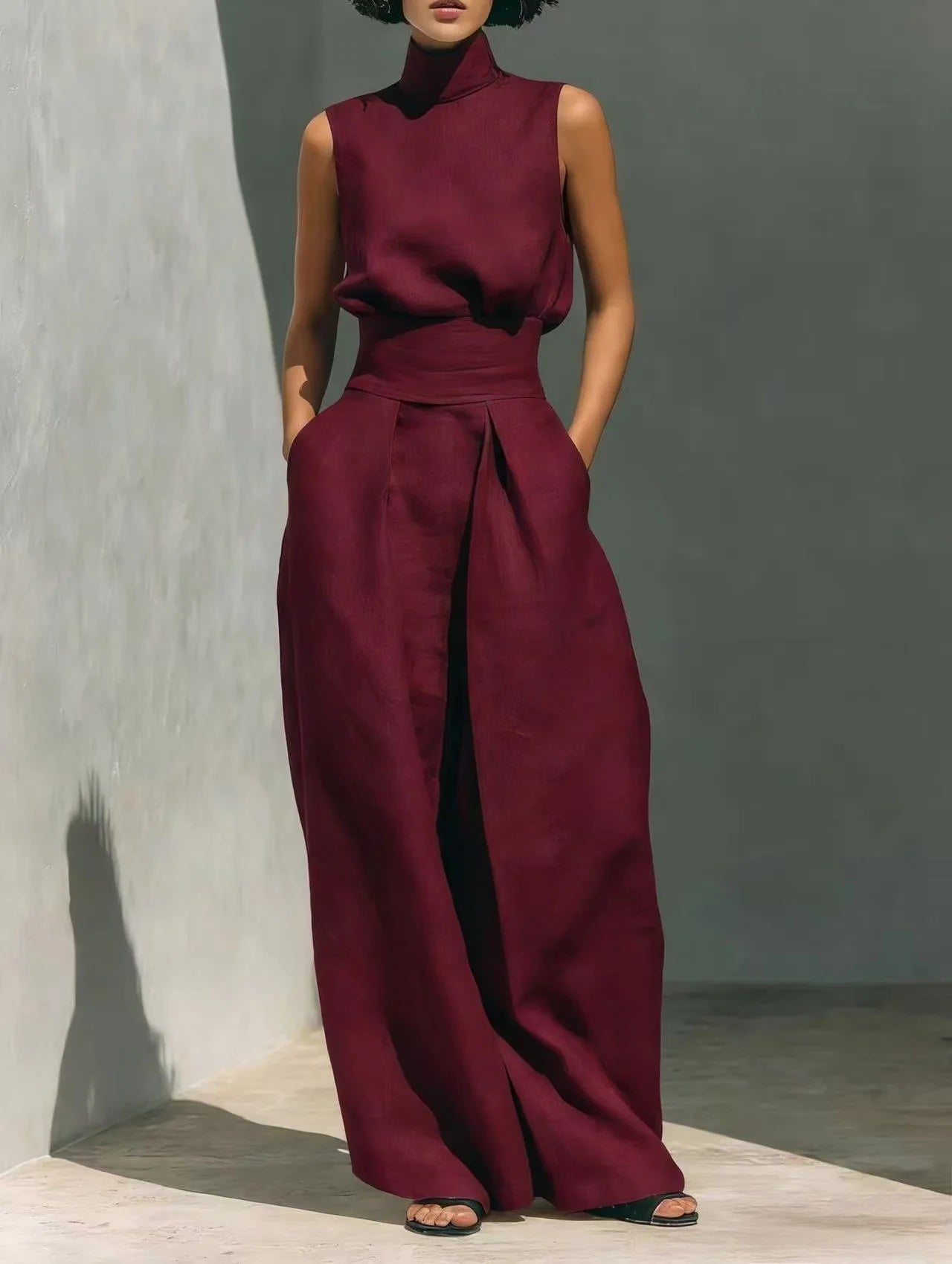 New Women's Solid Color 2 Piece Sets Sleeveless High Neck Tops+High Waist Wide Leg Pants Casual Minimalist Female Summer Outfits