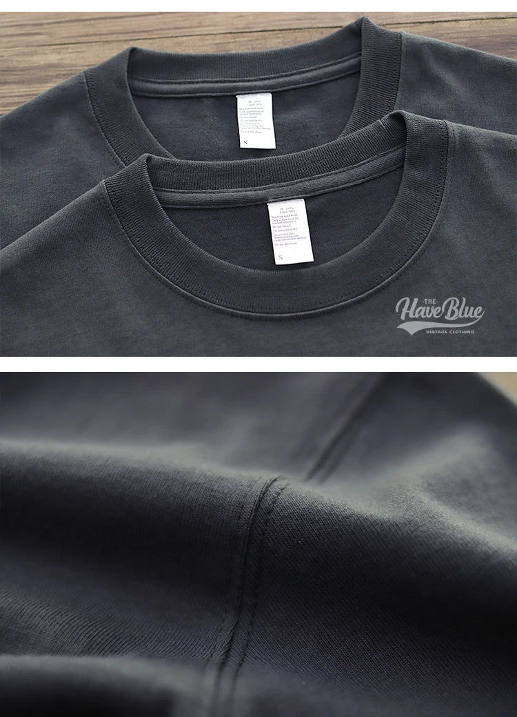 Have Blue Pure Cotton Base Shirt Solid Color T-Shirt American Retro Round Neck Short Sleeve Heavyweight T-Shirt for Men