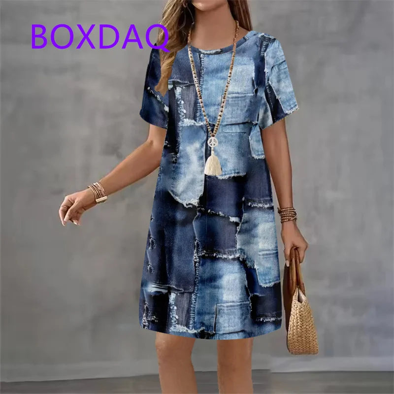 Fashion Trend 3D Imitation Denim Pattern Women's Dress New Summer Street Denim Flower Print Short Sleeve Loose Casual Mini Dress