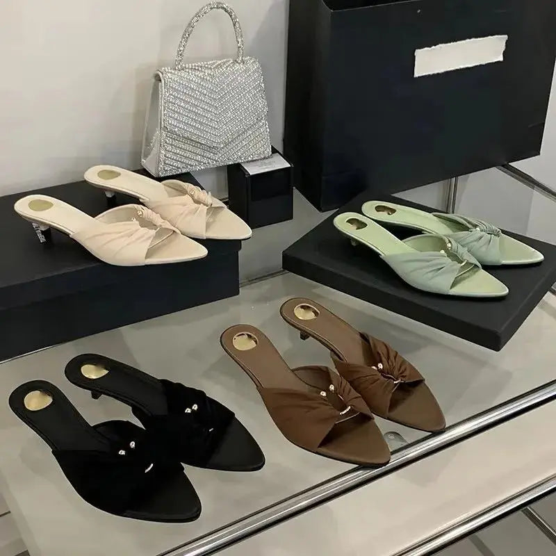 Eilyken New Design Pleated Hollow Out Thin Low Heels Women Slippers Fashion Pointed Toe Party Dress Female Summer Shoes