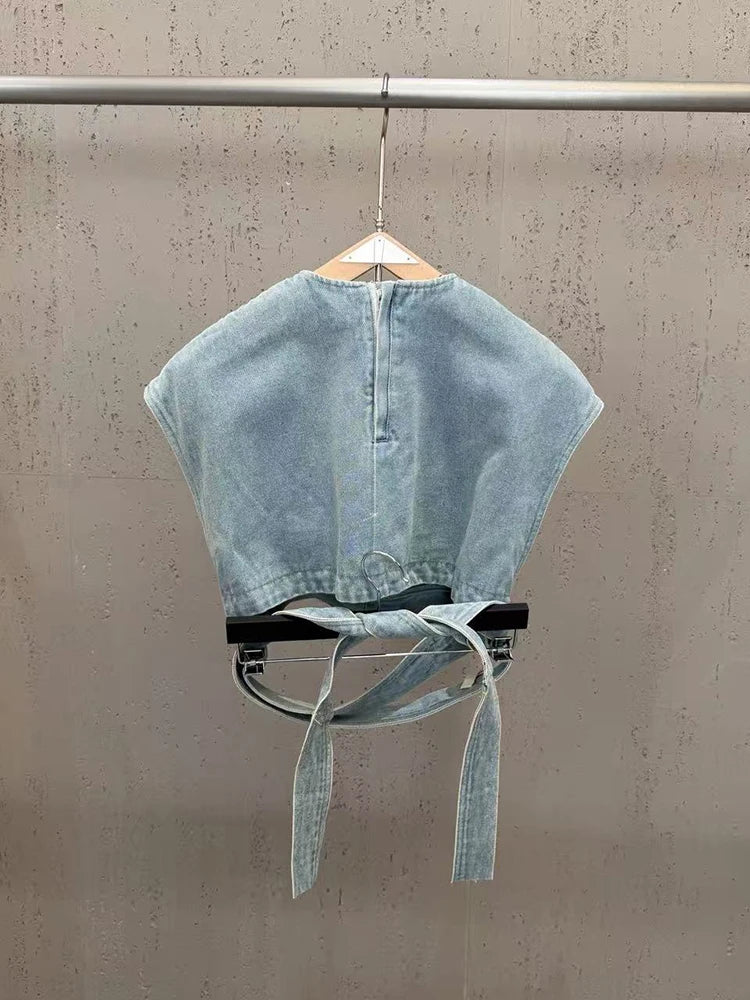 Women Jeans Two Piece Set Sexy Sleeveless Lace-up Top + Panelled Denim Jeans Suits Evening Cocktail Sets