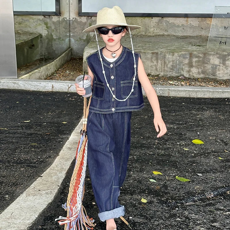 Summer teen Girls Denim Set 2024 Child Sleeveless Cowboy vest+Wide leg pants Two Piece junior kid jeans suit child outfits 10 12
