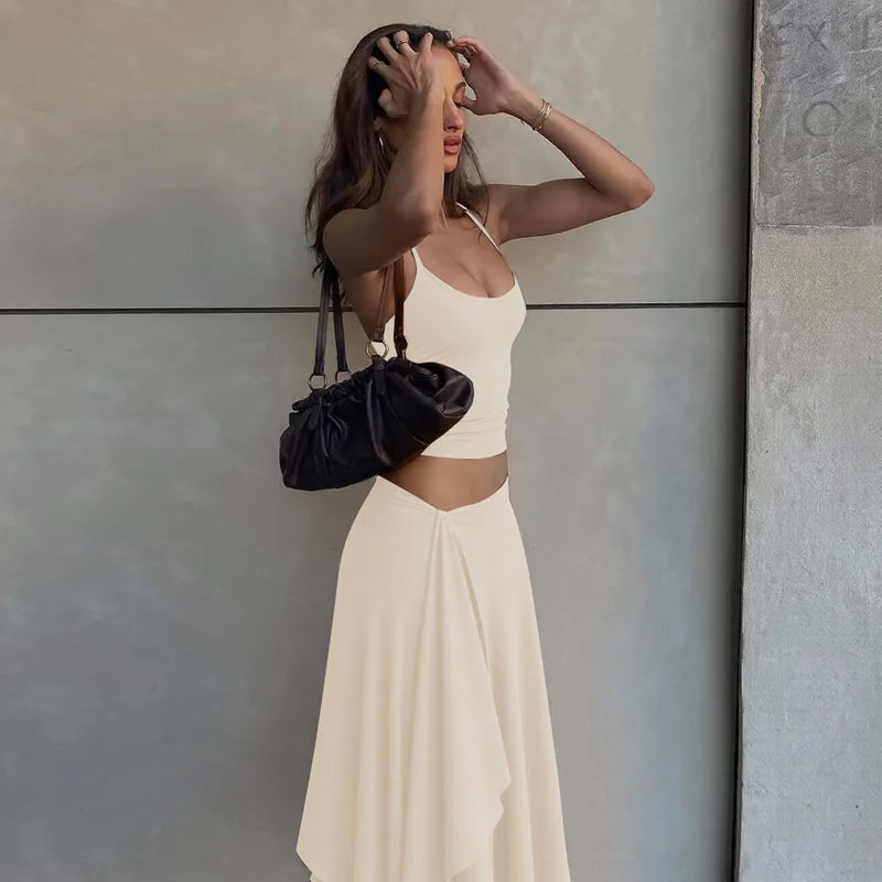 Hugcitar Fashion 2 Pcs Sets Halter Solid Backless Lace Up Sexy Crop Tank Top Ruched Maxi Skirt Women Outfit Beach Vacation Sport