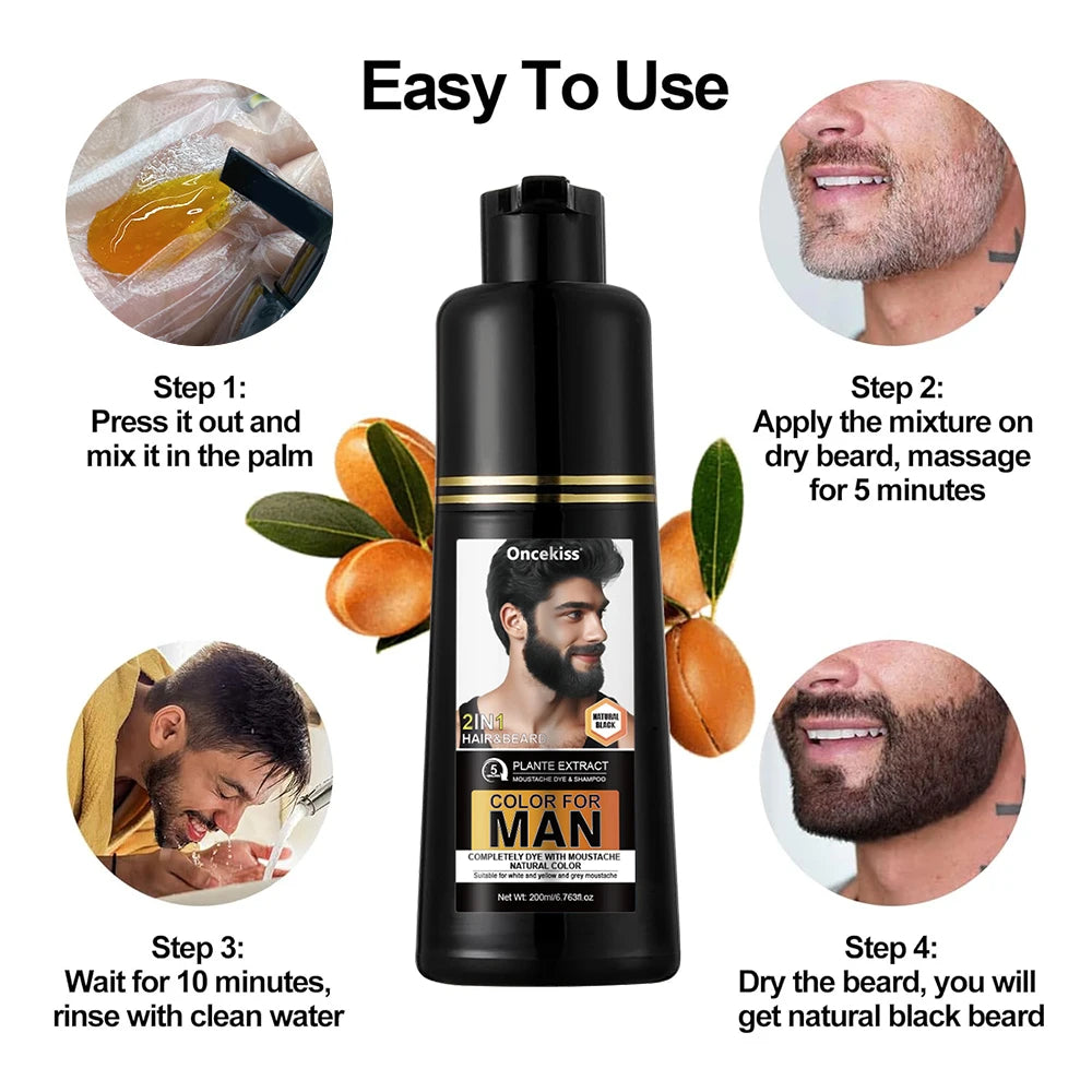 200ml Long-Lasting Natural Permanent Beard Dye Shampoo for Men, White and Gray Beard Hair,Beard Dye Shampoo for Men Natural Hair