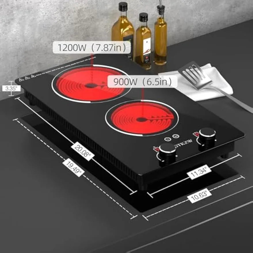 Electric Cooktop 2 Burners Knob Control Countertop Built-in Ceramic Cooktop