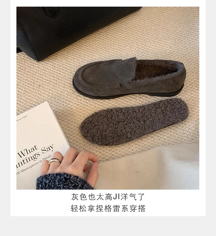 New Suede Leather Loafers Woman Round Toe Slip-on Casual Flat Shoes Wool Warm Winter Shoes Outdoors Walk Shoes Women